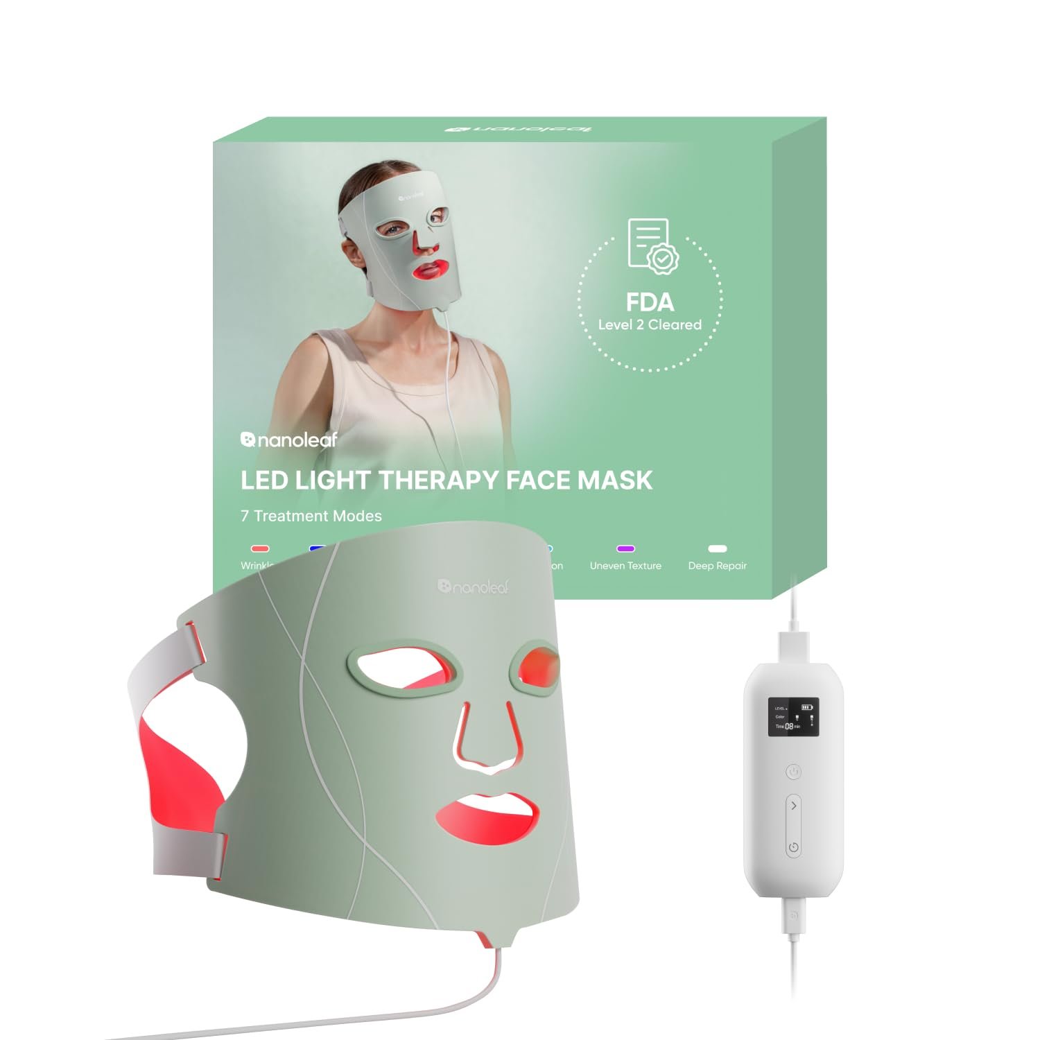 Nanoleaf FDA-Cleared LED Light Therapy Face Mask with 7 Treatment Modes | Professional Red & Blue Light with NIR Facial Device for Anti-Aging, 432 LEDs, Portable & Rechargeable