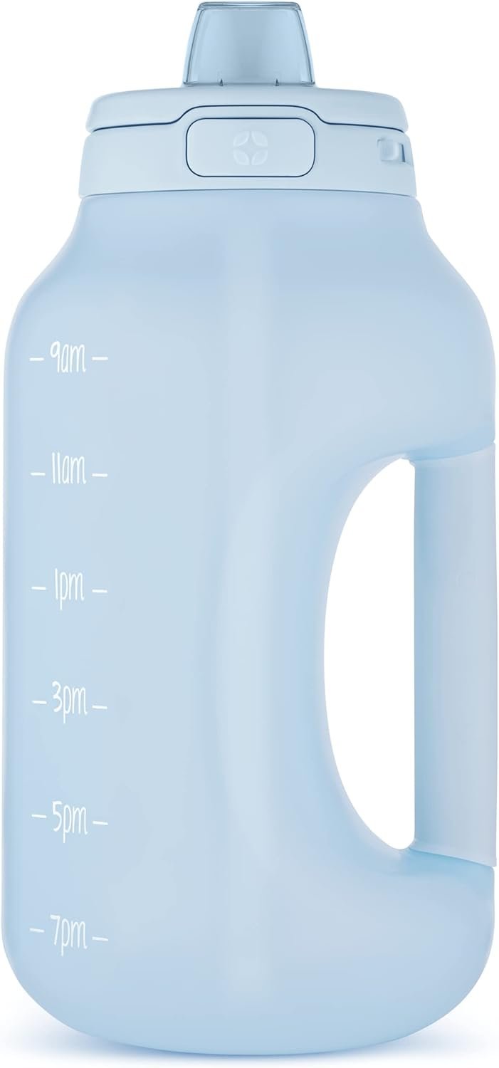 Ello Hydra 64oz Half Gallon Water Jug with Handle and Motivational Time Markers for All Day Hydration, Plastic Reusable Water Bottle with Straw and Locking, Leak Proof Lid, BPA Free, Halogen Blue | Large plastic water bottle jug for all day hydration with time markers, carry loop, straw, leakproof lid, and BPA-free