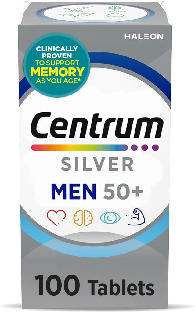 Centrum Silver Men’s Multivitamin for Men 50 and Over, 100 Tablets | Contains Vitamins D3, E, B6, and B12, Gluten Free, Non-GMO Ingredients, GLP-1 Support