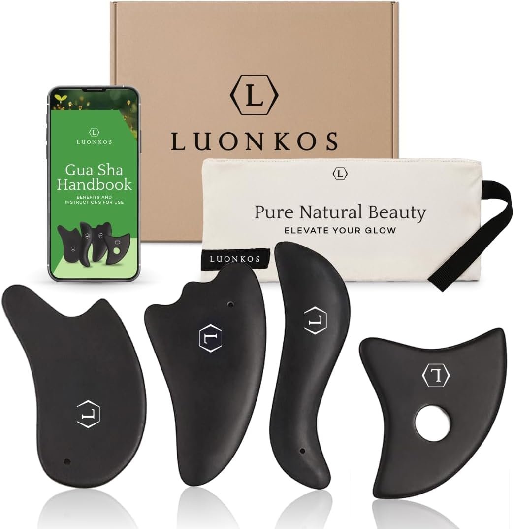 LUONKOS Bian Stone Gua Sha Tools Set of 4 – Full Body & Face Sculpting Tool | Lymphatic Drainage Massager for Face, Neck, Back & Shoulders – Carefully Polished Edges – Daily Skincare & Body Routine