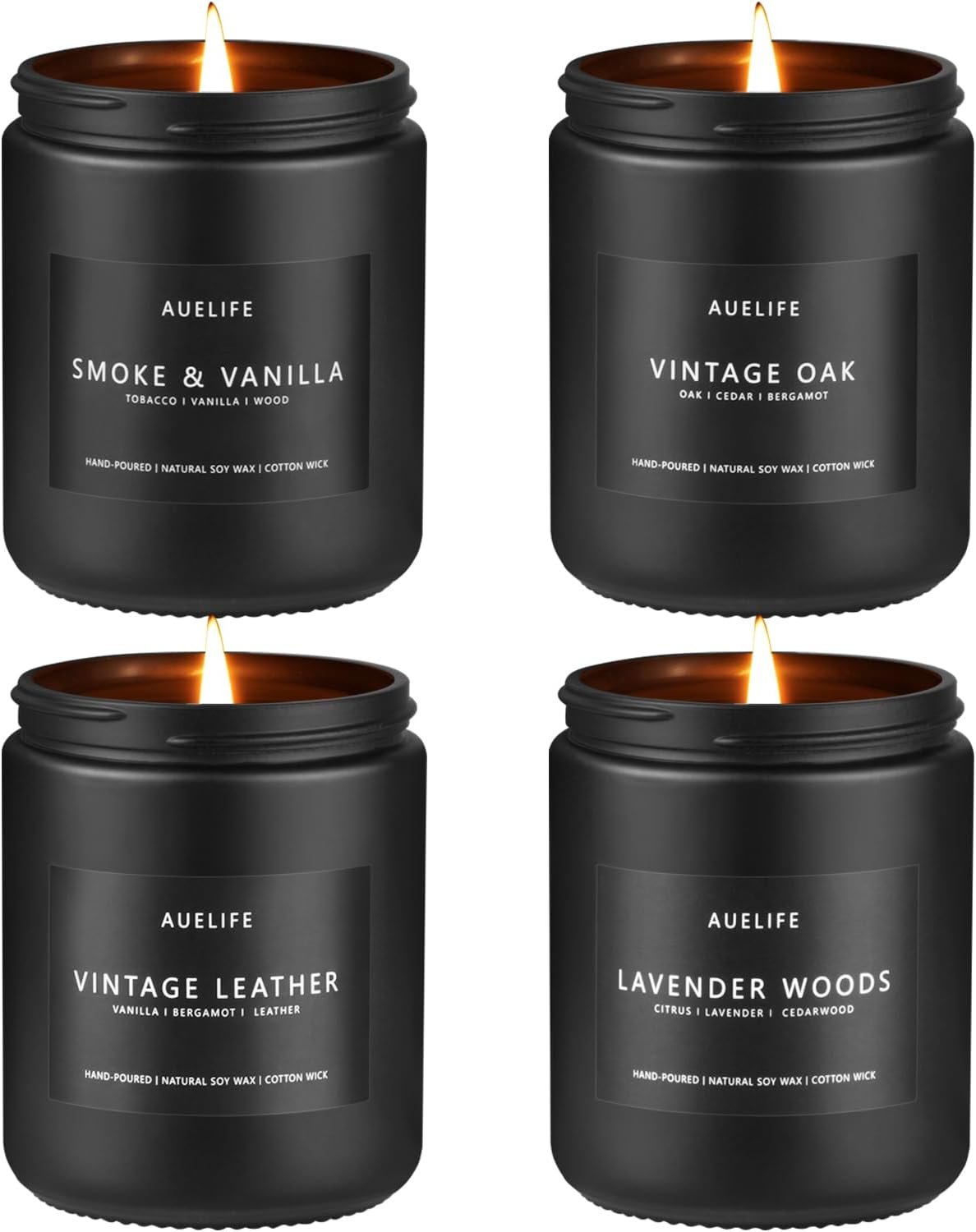 Scented Candles Set for Men, Candles for Home, Long Lasting Aromatherapy Gift, 4 Pack Manly Soy Candle of Leather/Smoke & Vanilla/Oak/Lavender | Men’s Aromatherapy Candles; home scented ; 50-hr burn; smoke&vanilla, leather,oak,lavender wood