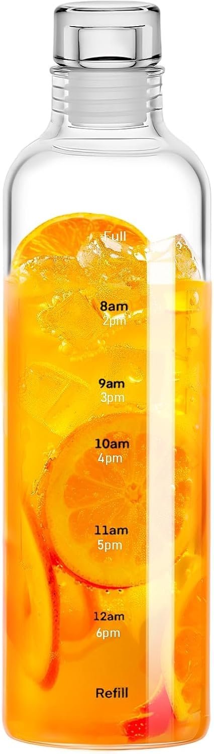 Doseno Clear Glass Water Bottle with Time Marker, Water Tracker, 17 oz | Borosilicate water tracker bottle has a silicone spiral lid and slim shape for office, gym, cafés, juicing and commutes.