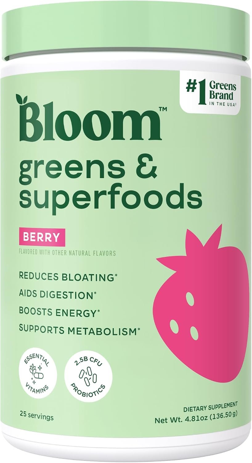 Bloom Nutrition Superfood Greens Powder, Digestive Enzymes with Probiotics and Prebiotics, Gut Health, Bloating Relief for Women, Chlorella, Green Juice Mix with Beet Root Powder, 25 SVG, Berry | Digestive Enzymes with Probiotics and Prebiotics, Gut Health, Bloating Relief for Women, Chlorella, Green Juice Mix