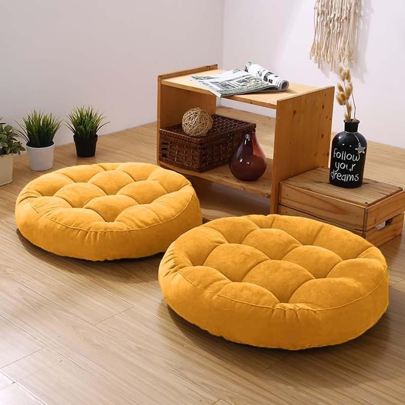 Yellow Set of 2 Round Meditation Floor Pillow Cushions for Adults | Tufted Corduroy Floor Seat Pillows For Living Room Thick Floor Mat for Home Decor Picnic Party, 16.5″ Lx16.5 Wx3 H