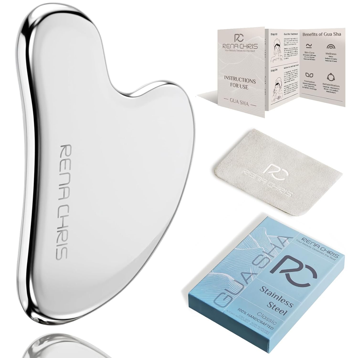 Rena Chris Gua Sha Facial Tools, Stainless Steel Guasha Tool – Silver | Face Massage Tool for Jawline Sculpting, Puffiness Reducing, Gua Sha Double Chin Reducer, Skin Care Gift for Women
