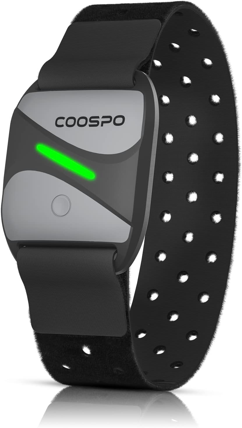 COOSPO Heart Rate Monitor Armband HW807, Bluetooth 5.0 ANT+ HRM with HR Zone LED Indicator, Tracking Heartbeat HRV for Fitness Training, Work with Peloton/Polar/Wahoo/Strava/DDP Yoga