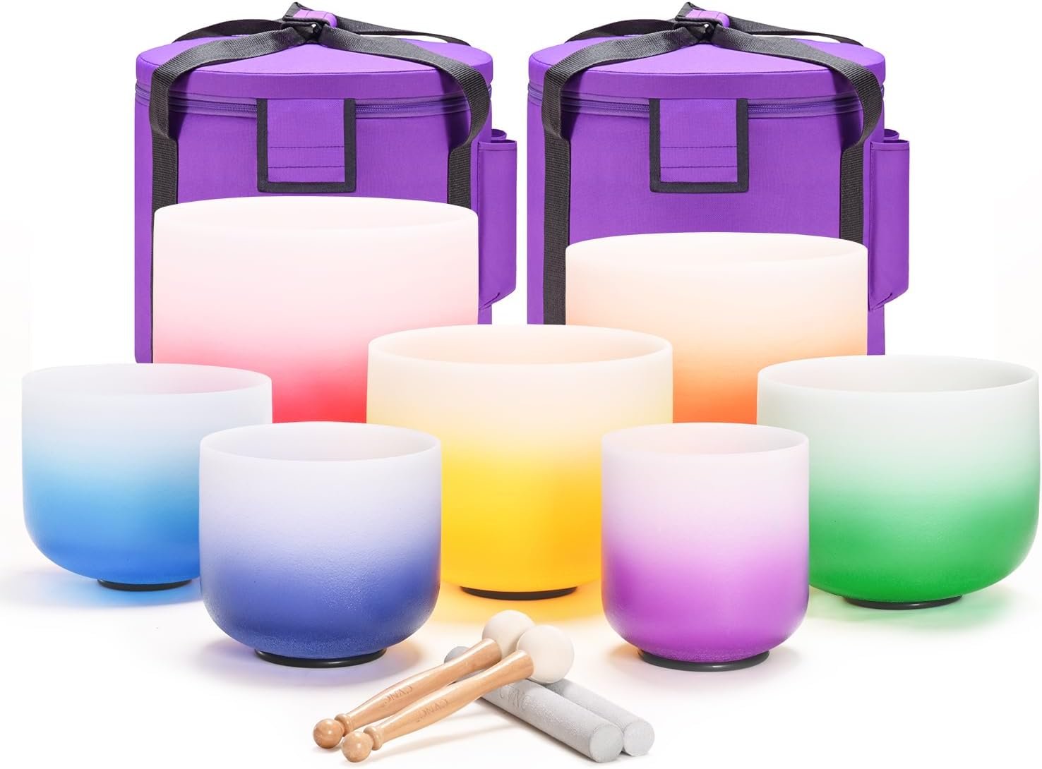 CVNC 432HZ 6-12 Inch Set of 7 Aria Gradient Design Crystal Singing Bowls | Frosted Quartz Singing Bowls with 2 PCS Carry Case Bag for Sound Healing Yoga and Meditation
