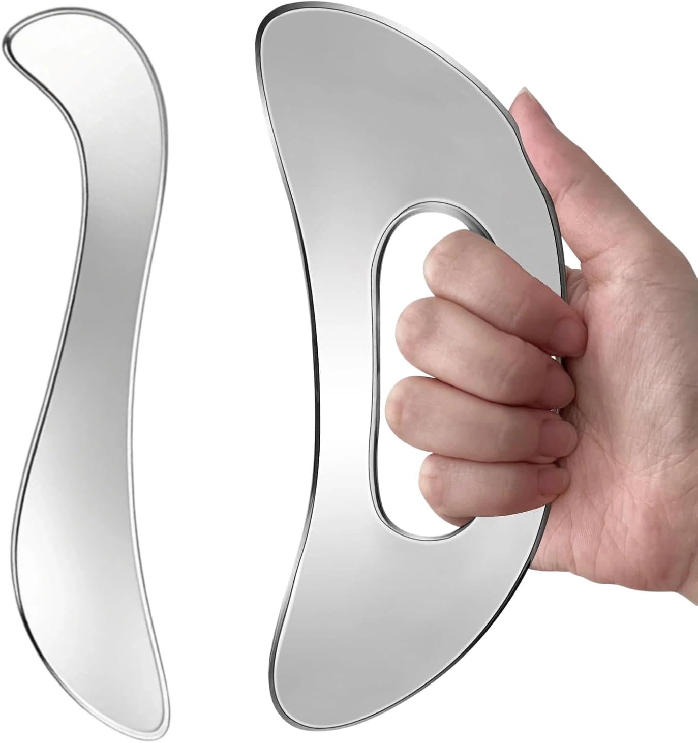 Stainless Steel Gua Sha Tool Ergonomic Body Muscle Scraping Massage Scraper | Smooth Curved Edge Handheld Massager for Neck, Shoulder, Back, Arm & Leg, Comes with Portable Storage Pouch