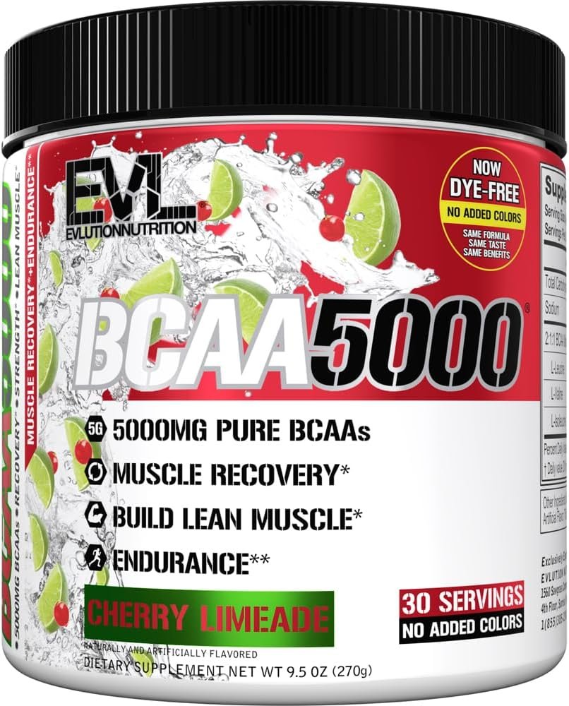 EVL BCAA5000 – Stim Free Amino Acids Powder – Cherry Limeade (Dye Free) | BCAA Powder Post Workout Recovery Drink and Stim Free Pre Workout Energy Drink Powder for Men