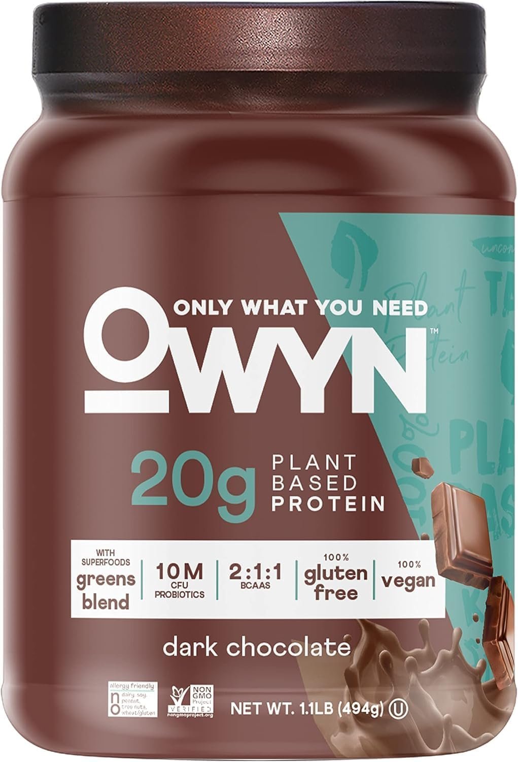 OWYN Only What You Need Chocolate Flavored Protein Powder, 20g Protein, 4g Sugar, 3g Fiber, Dairy Free, Plant Based Protein Powder, 1.1LB