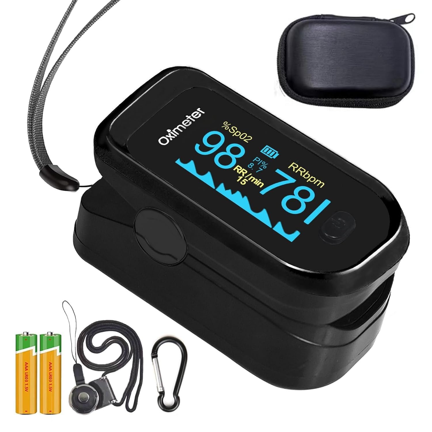TYNDALL Pulse Oximeter Fingertip, 4 Data Pulse Oximeter with Respiration, Respiratory Rate Monitor, Oximetry for Sports Aviation Use Only (Black)