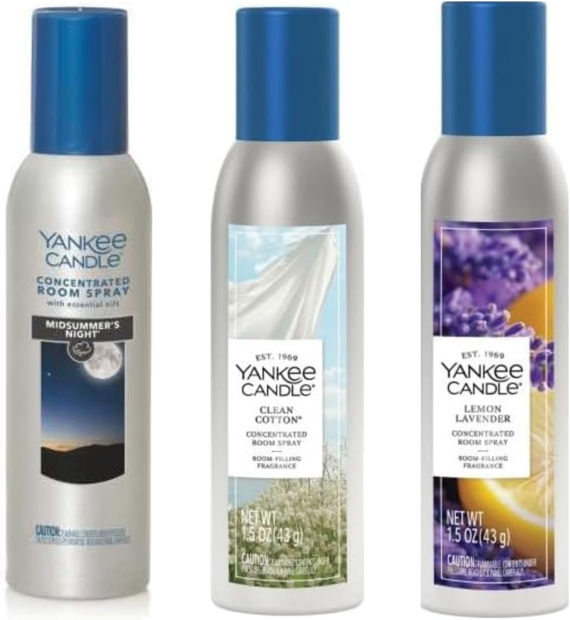 Yankee Candle Concentrated Room Spray Air Freshener, Instant Home Fragrance, Odor Eliminating Spray, Strong Scent, Lemon Lavender, Midsummer’s Night, Clean Cotton (Variety Pack)