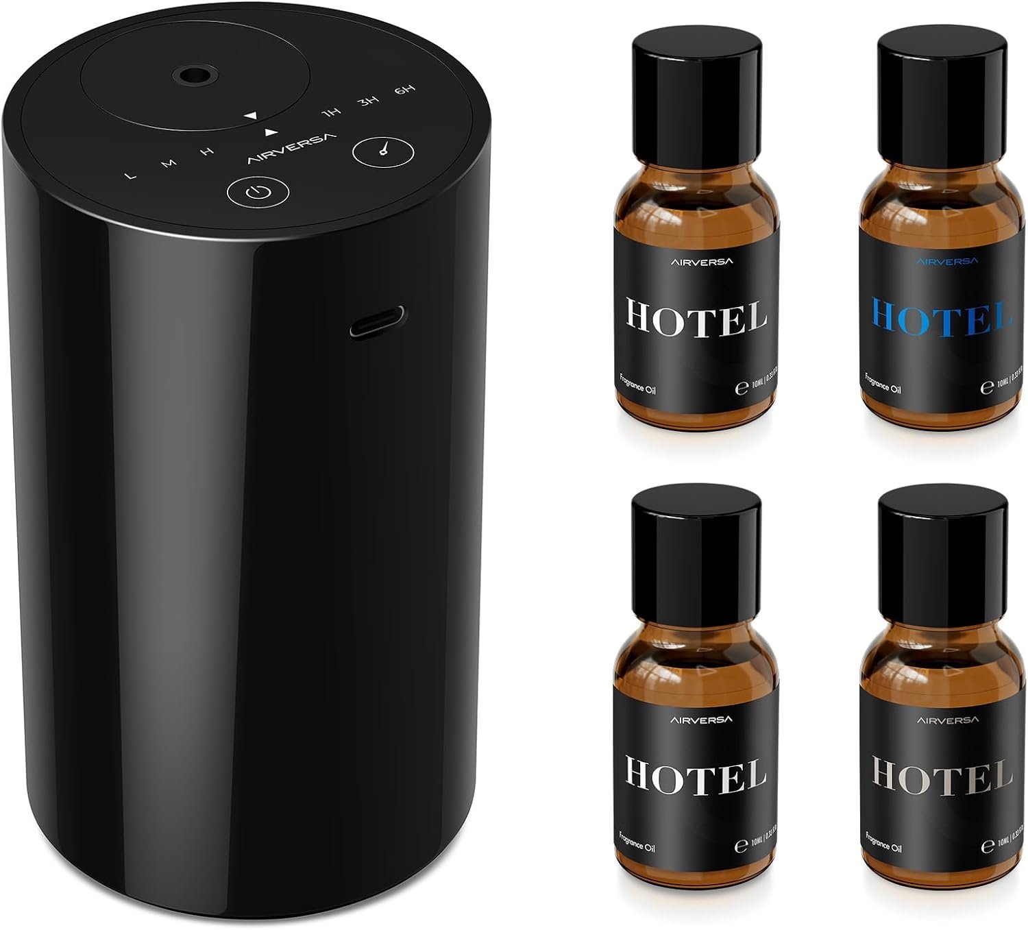 Airversa AN8 Waterless Essential Oil Diffuser Starter Kit, Black | 4 x 10mL Hotel Scent Fragrance Oi, Up to 600 sq ft, Battery Operated, Portable for Home Car Office, AN8Kit-4×10-01