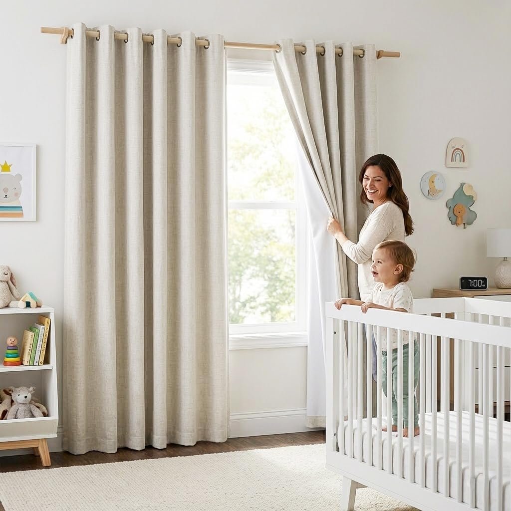 NICETOWN Natural 100% Blackout Linen Curtains 84 inch Long Burg for Living Room, 2 Panels, 52″ Wide, Farmhouse Thick Completely Blackout Window Treatment Thermal Insulated Warm Drapes for Winter