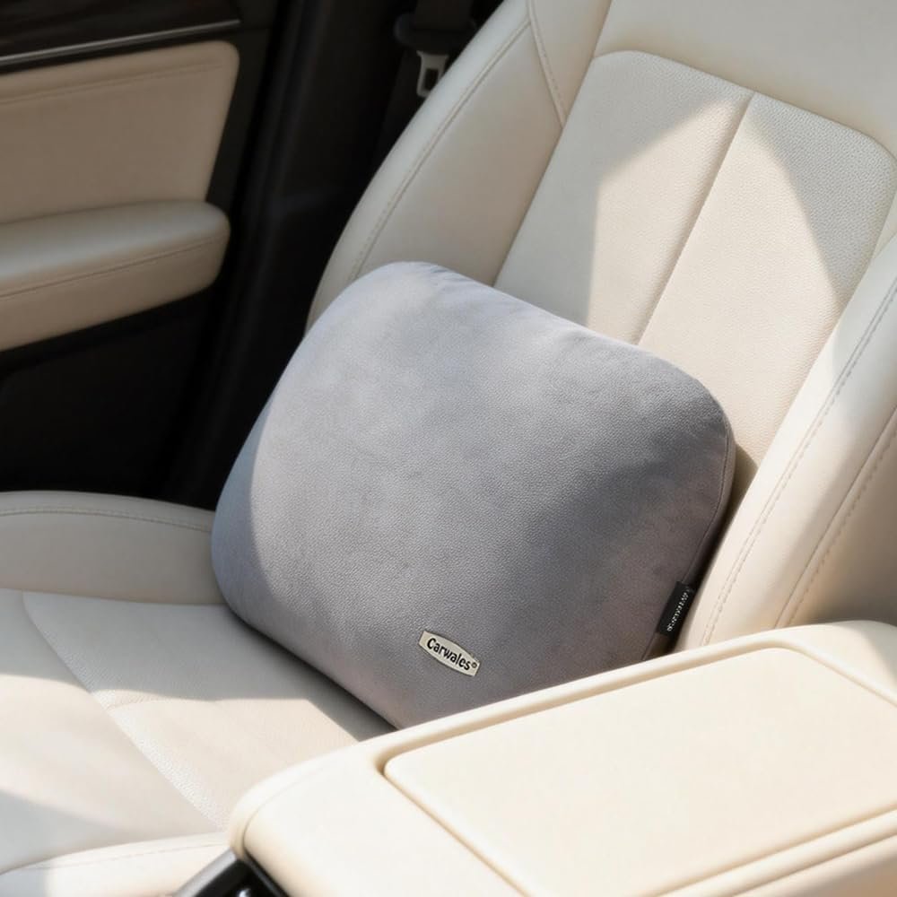 Latex Lumbar Support Pillow for Car Seat Cushion Lower Back Pain Relief | Memory Foam Suede, Thin Waist Support, Ergonomic, Office Chair, Driver Road Trip Accessories for Women Men, Grey