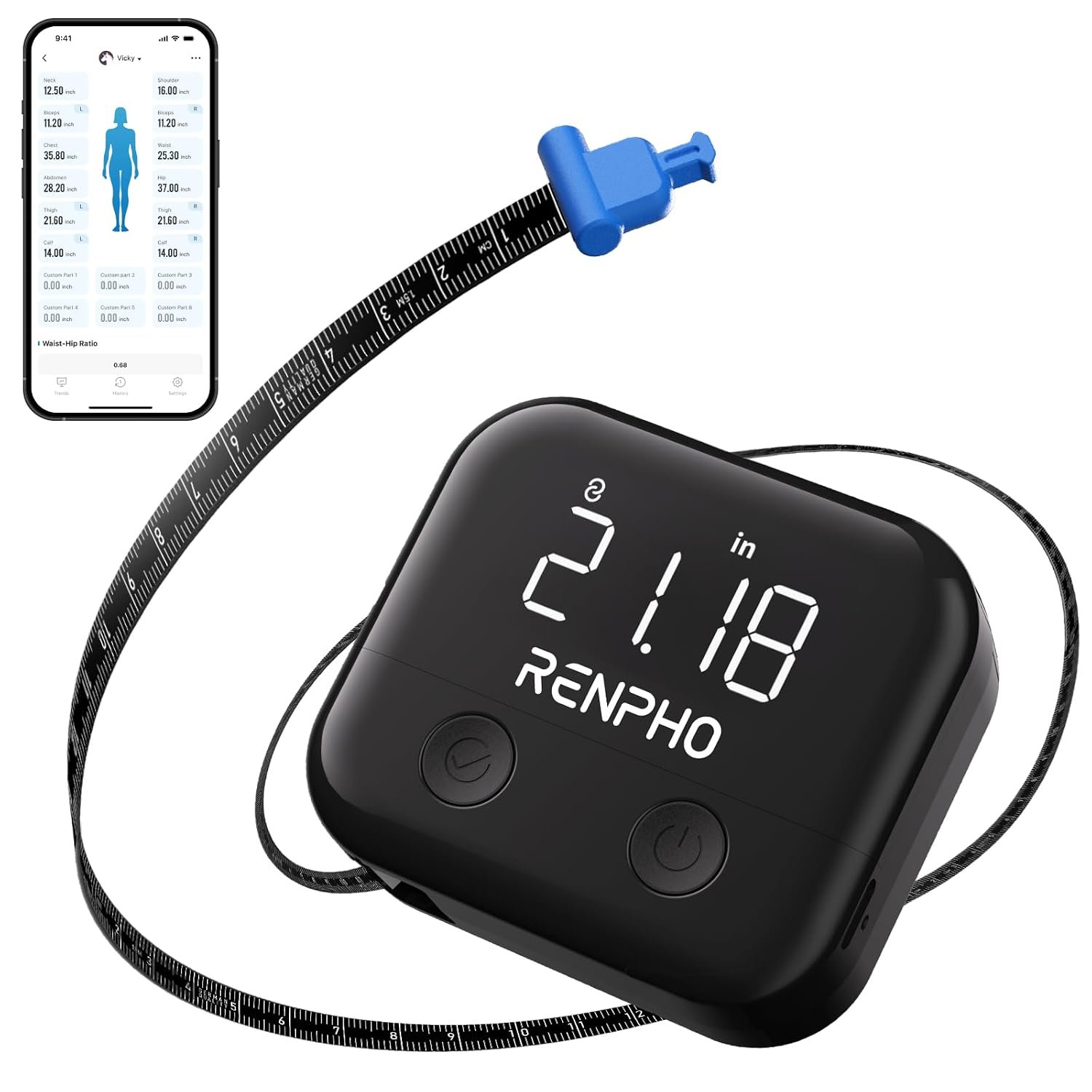 RENPHO Smart Body Measuring Tape for Weight Loss, Rechargeable, LED Display | Tracks Body Measurements for Fitness, Retractable, Multi-Metric Tracking, Gym Accessories, Workout Gifts, 60in /150cm