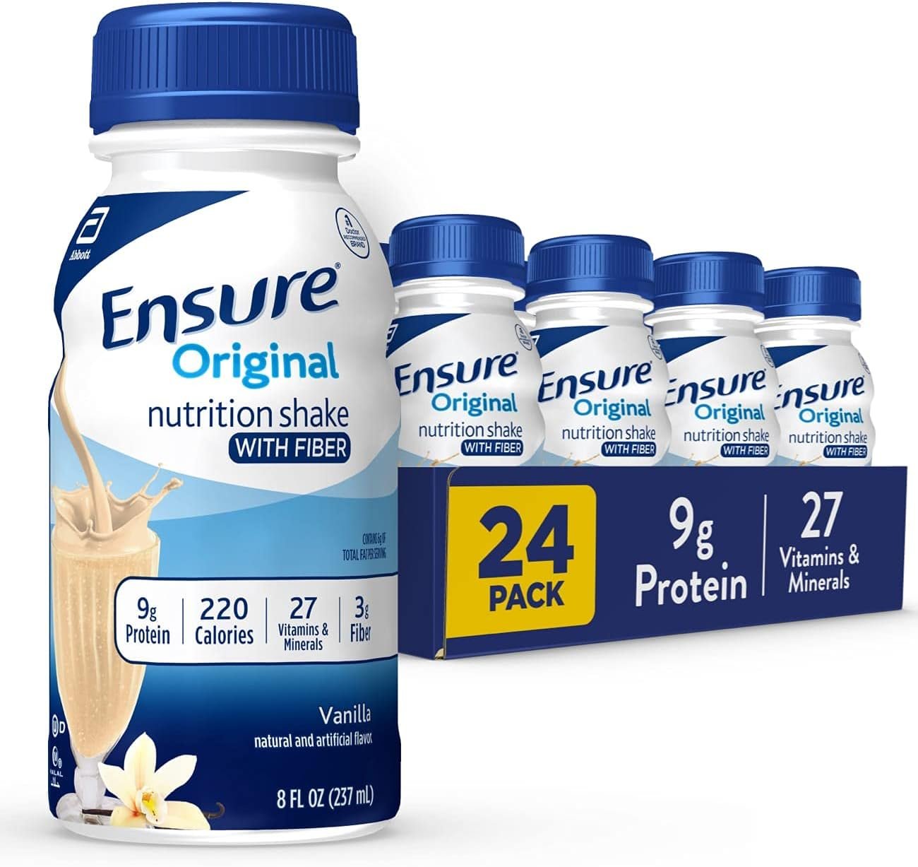 Ensure Original Vanilla Nutrition Shake With Fiber, 24 Pack | Small Meal Replacement Nutritional Drink for Adults, has 9g Protein, 27 Essential Vitamins & Minerals, 3g fiber