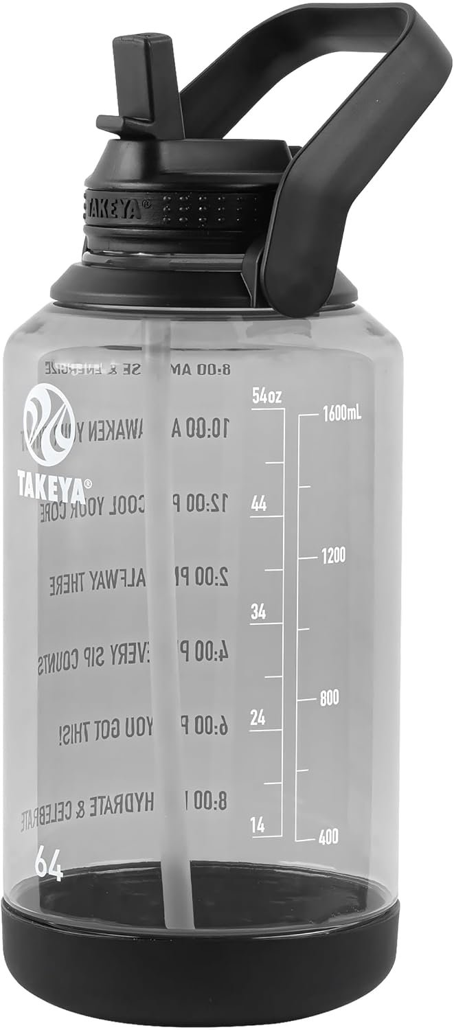 Takeya Motivational Water Bottle with Straw Lid and Time Marker (64 oz, Stormy Black) – Leakproof, BPA Free Water Bottle for Daily Intake Tracking
