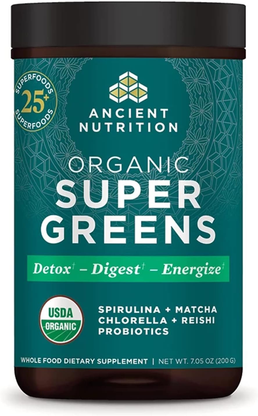 Ancient Nutrition Organic Super Greens Powder, Probiotics, Spirulina | Made from Real Fruits, Vegetables + Herbs, Digestive & Energy Support, Chlorella, Matcha, Digestive Enzymes, 25 Servings