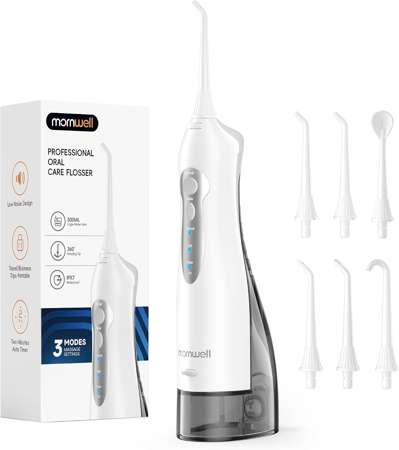 Mornwell Water Flosser Cordless, Water Flossers for Teeth – 300ML Tank and 6 Jet Tips, 3 Modes Portable Dental Oral Irrigator, Braces Care, Rechargeable Waterproof Portable Water Flosser (White)