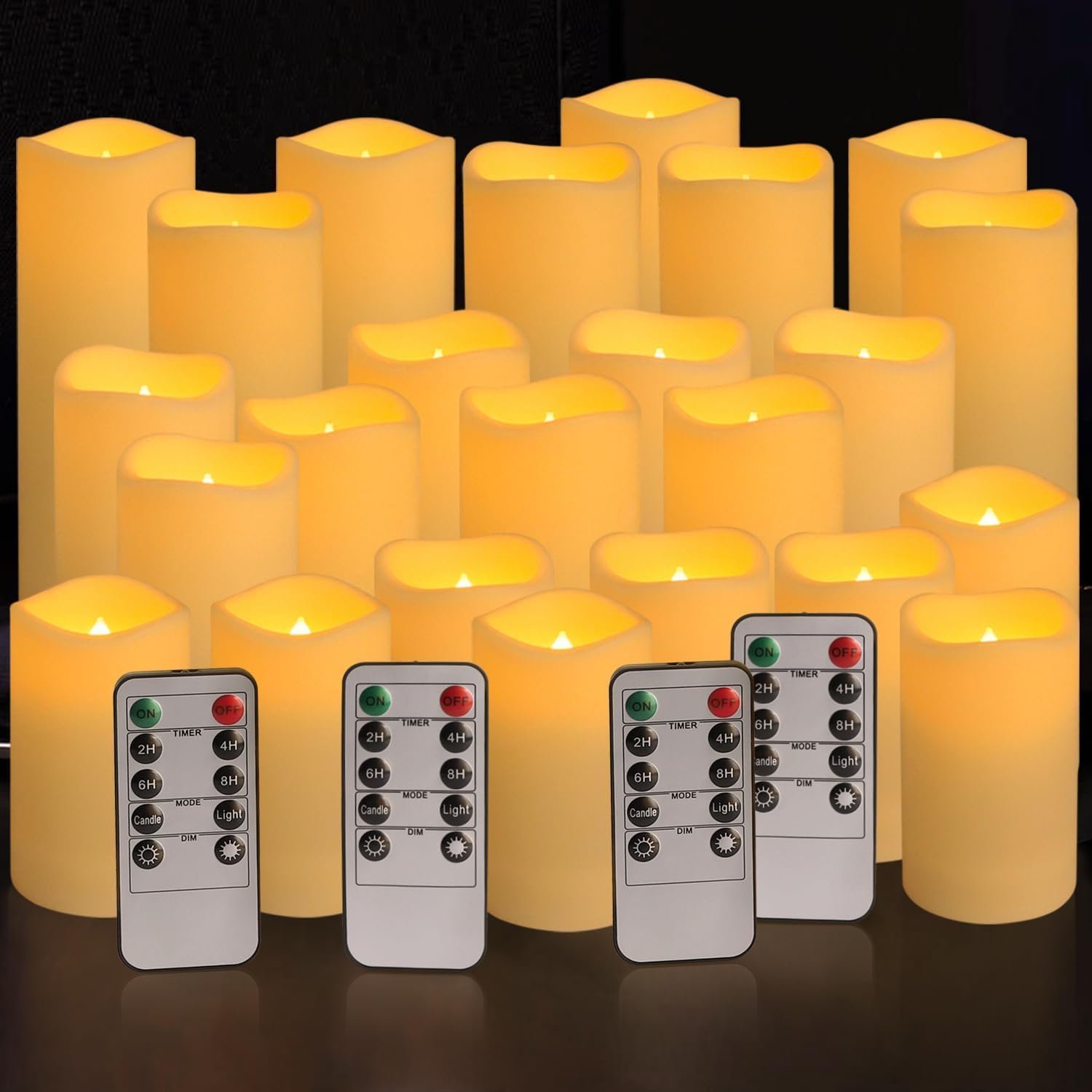 YOROXRG Set of 24 Waterproof Outdoor Flameless Candles, LED Candles with 4 Remote and Timer,(H 4″ 5″ 6″ x D 2.2″),for Christmas,Halloween,Wedding,Festival
