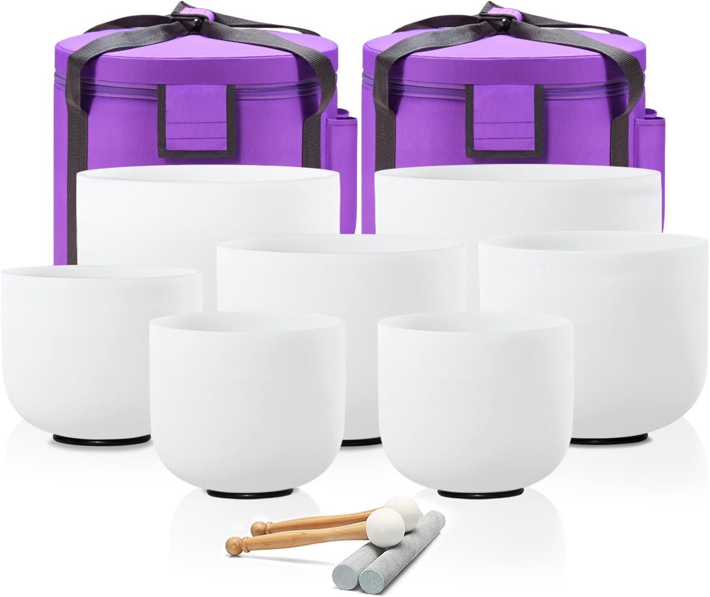 CVNC Crystal Singing bowl Set of 7 for Sound Healing White | 432HZ 7″-12″ Inch Frosted Chakra Quartz, Sound Healing Meditation,Mindfulness,Relaxation,with 2 Case Bags and Rubber Mallets
