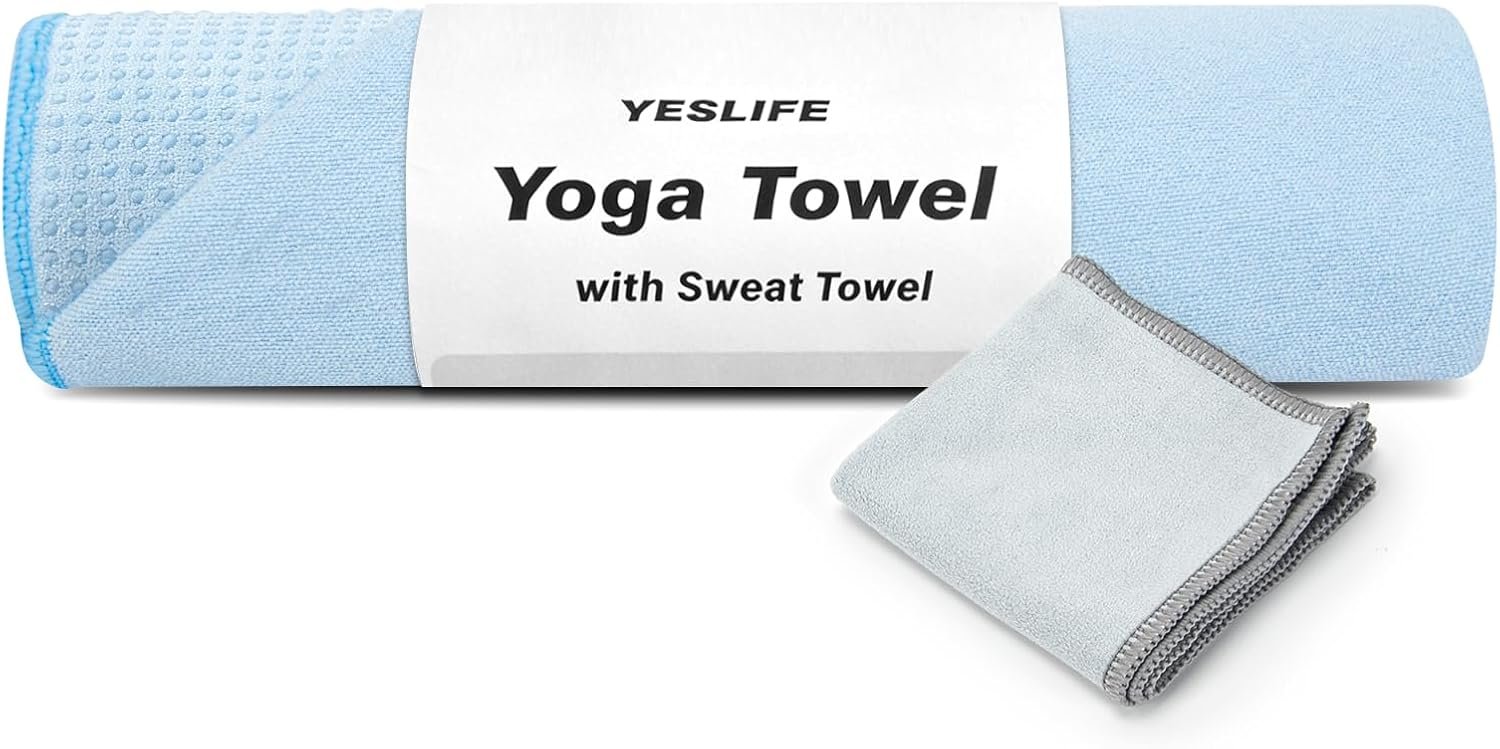 YESLIFE Non-Slip Yoga Towel, 72″x24″, Blue | Microfiber yoga mat towel, grip dots, sweat absorbent, hot yoga Pilates workout, includes sweat towel, Blue