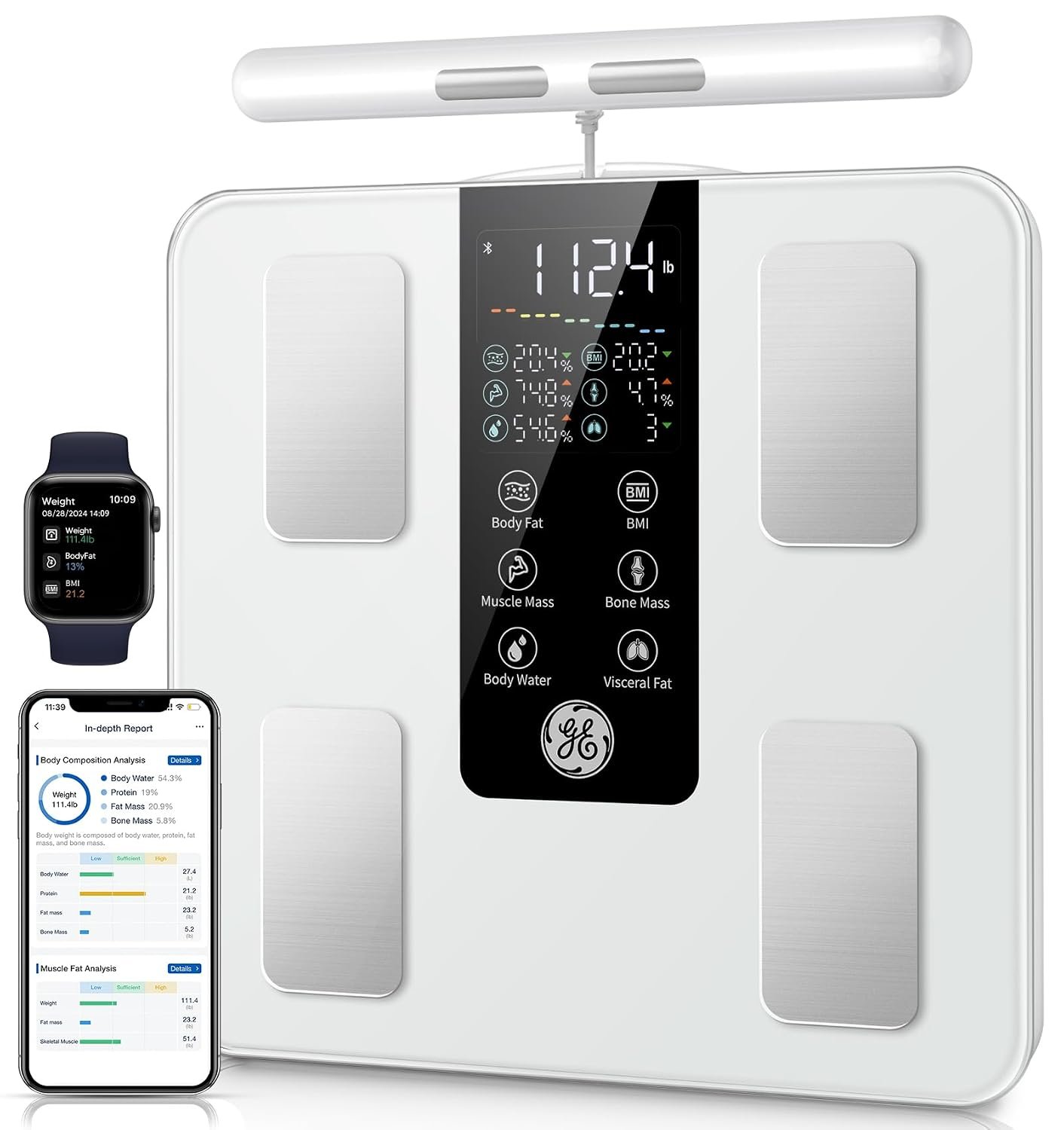 GE Smart Scale for Body Weight: Full Body Composition Analyzer, 50+ Metrics | 8-Electrode Digital Bathroom Scale for Weight Fat BMI Muscle Mass Bluetooth, Highly Accurate Weighing Machine 400lb