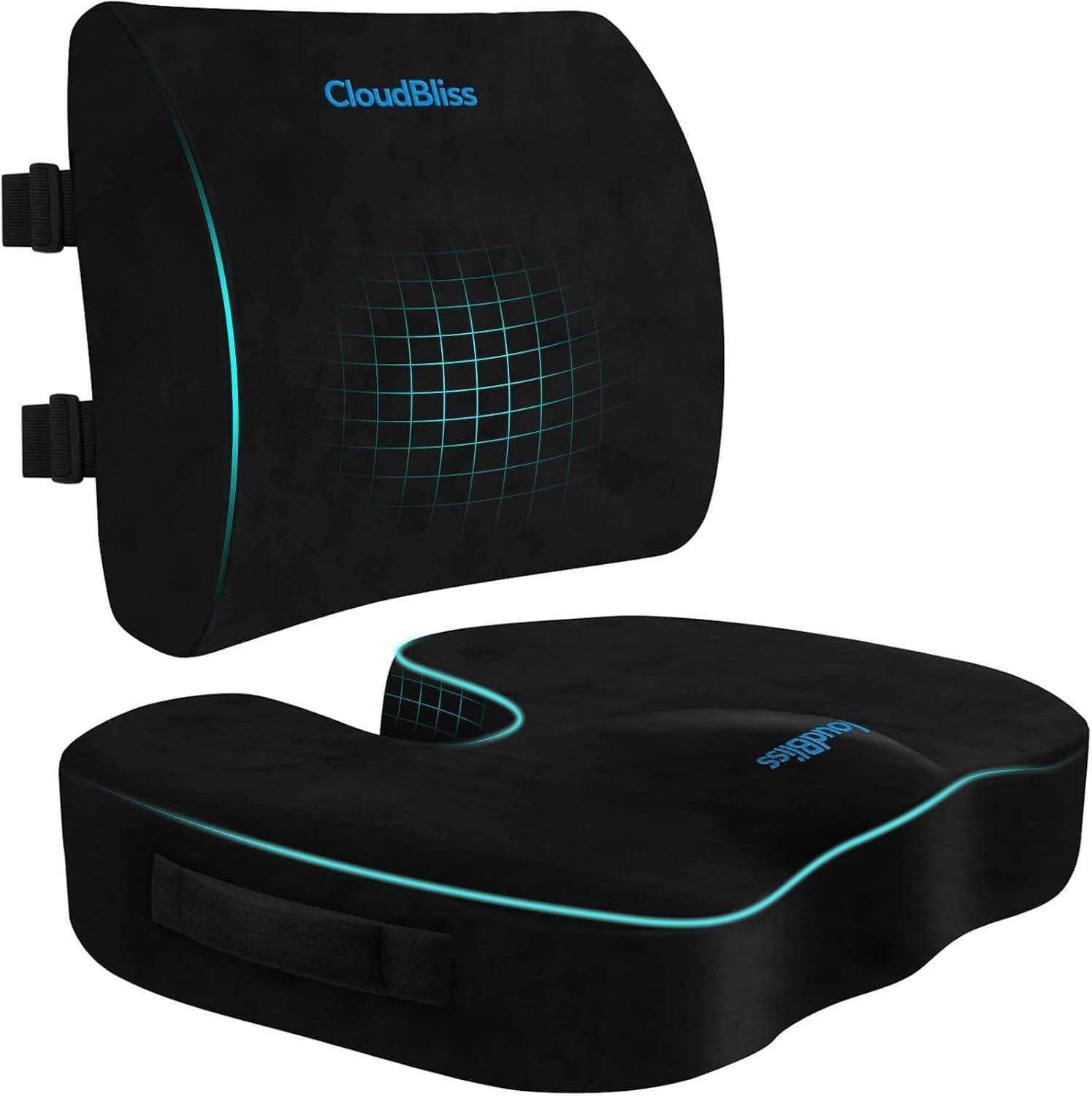 CloudBliss Ergonomic Seat Cushion & Lumbar Support Pillow Set, Black,Large | Back Pain & Sciatica Relief, Memory Foam Support, Adjustable Straps, Machine Washable Velvet, Perfect for Office, Car, Gaming