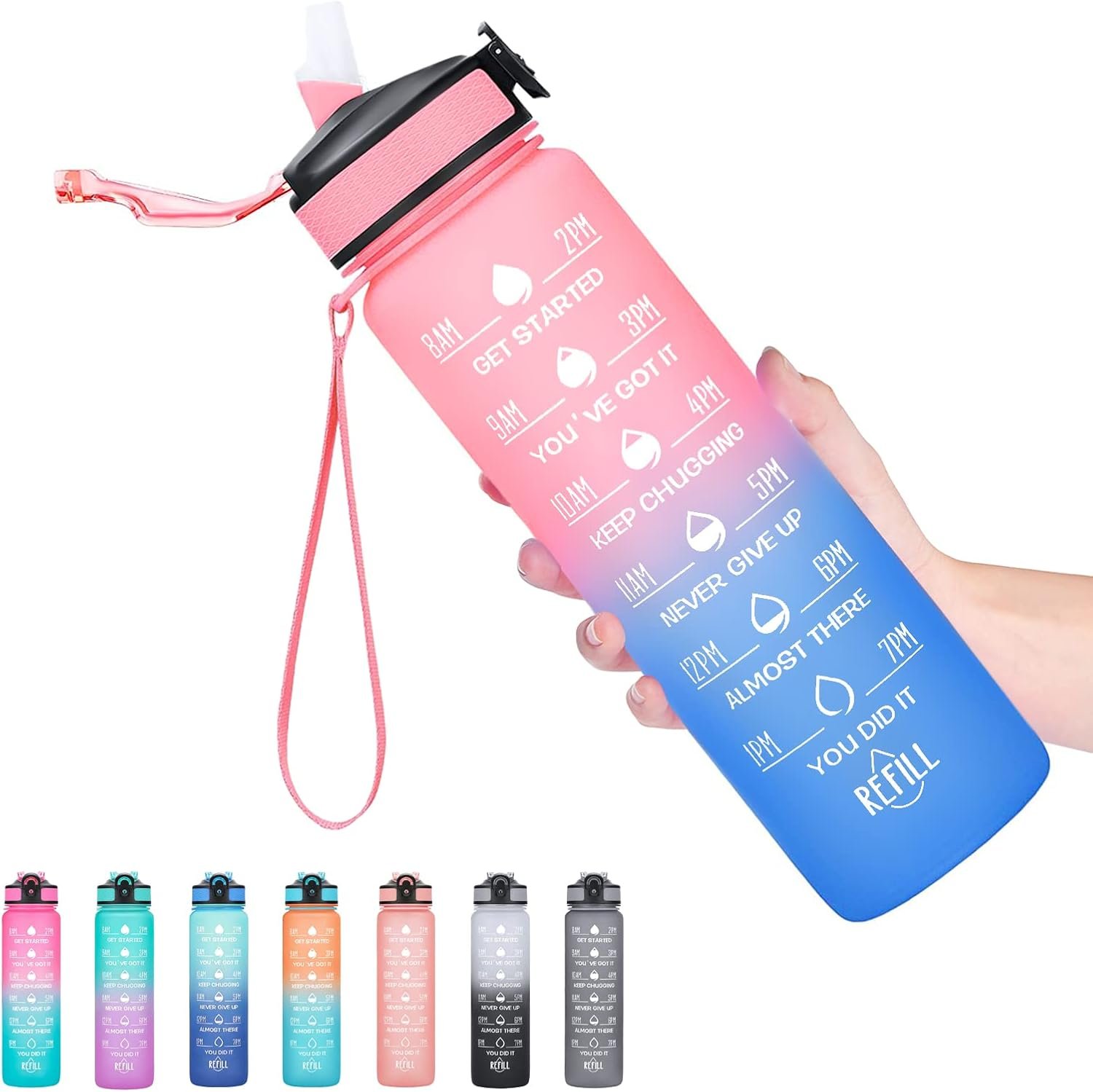 Hyeta Water Bottle with Straw & Time Marker, Plastic 32oz Leakproof | Motivational Tritan BPA Free Gym Office Outdoor Intake Tracker Hourly Reminder Straw Lid Carry Strap