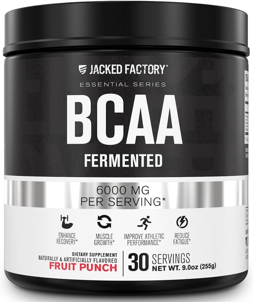 Jacked Factory BCAA Powder (Fermented) – 6g Branched Chain Essential Amino Acid Supplement for Improved Muscle Recovery, Reduced Fatigue, Increased Strength, Muscle Growth – 30 Servings, Fruit Punch