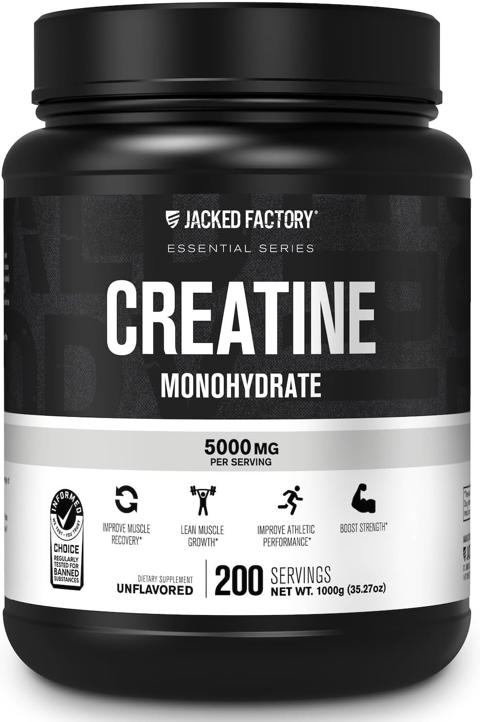 Jacked Factory Creatine Monohydrate Powder 1000g – 5g Daily Creatine Supplement for Men and Women, Vegan-Friendly, Third-Party Tested – 200 Servings, Unflavored