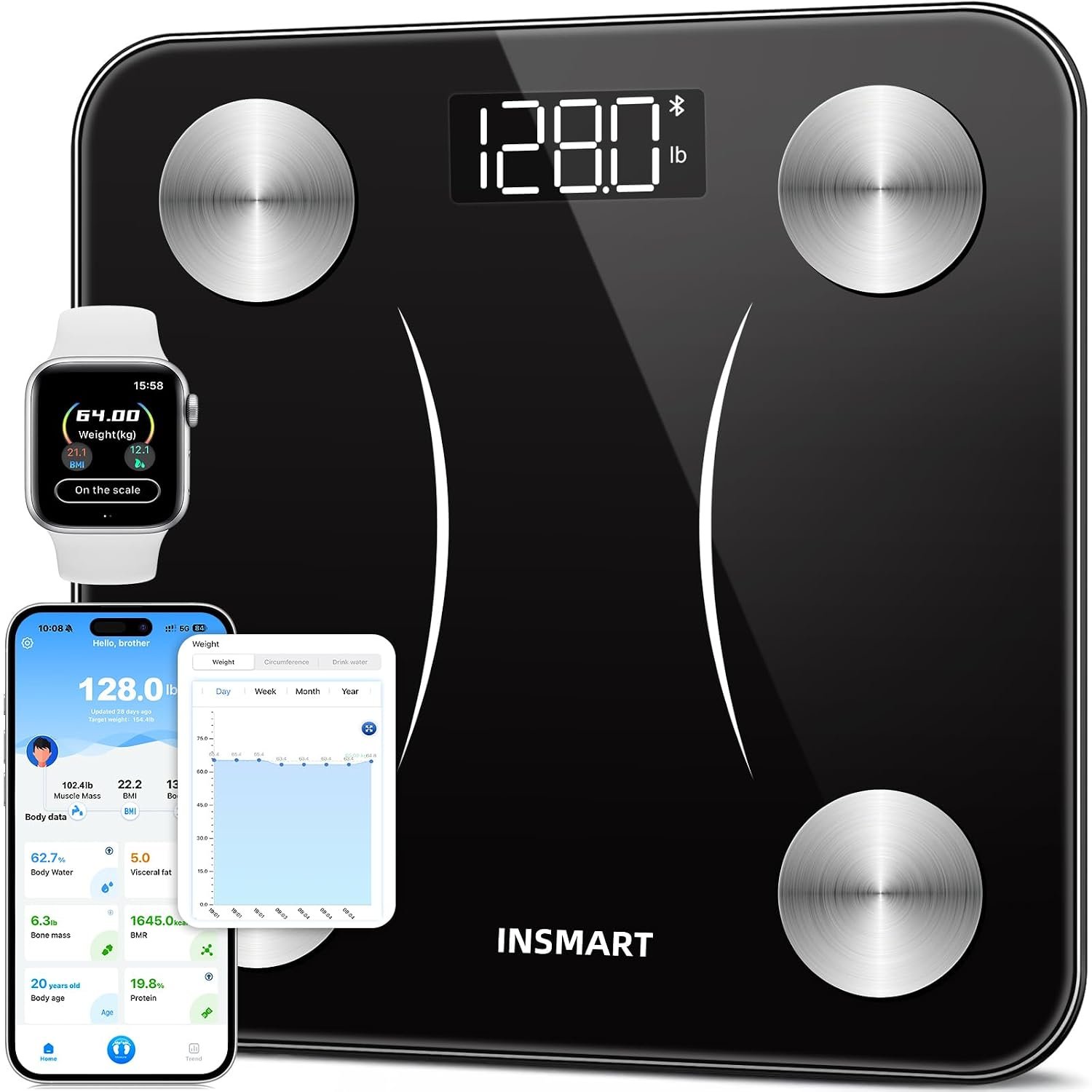 INSMART Body Fat Scale, Smart Scale for Body Weight 0.1lb High Accuracy, Digital Bathroom Weight Scale for BMI, Body Fat 17 Body Composition Analyzer Sync with App, LED Display, 400lb, Black