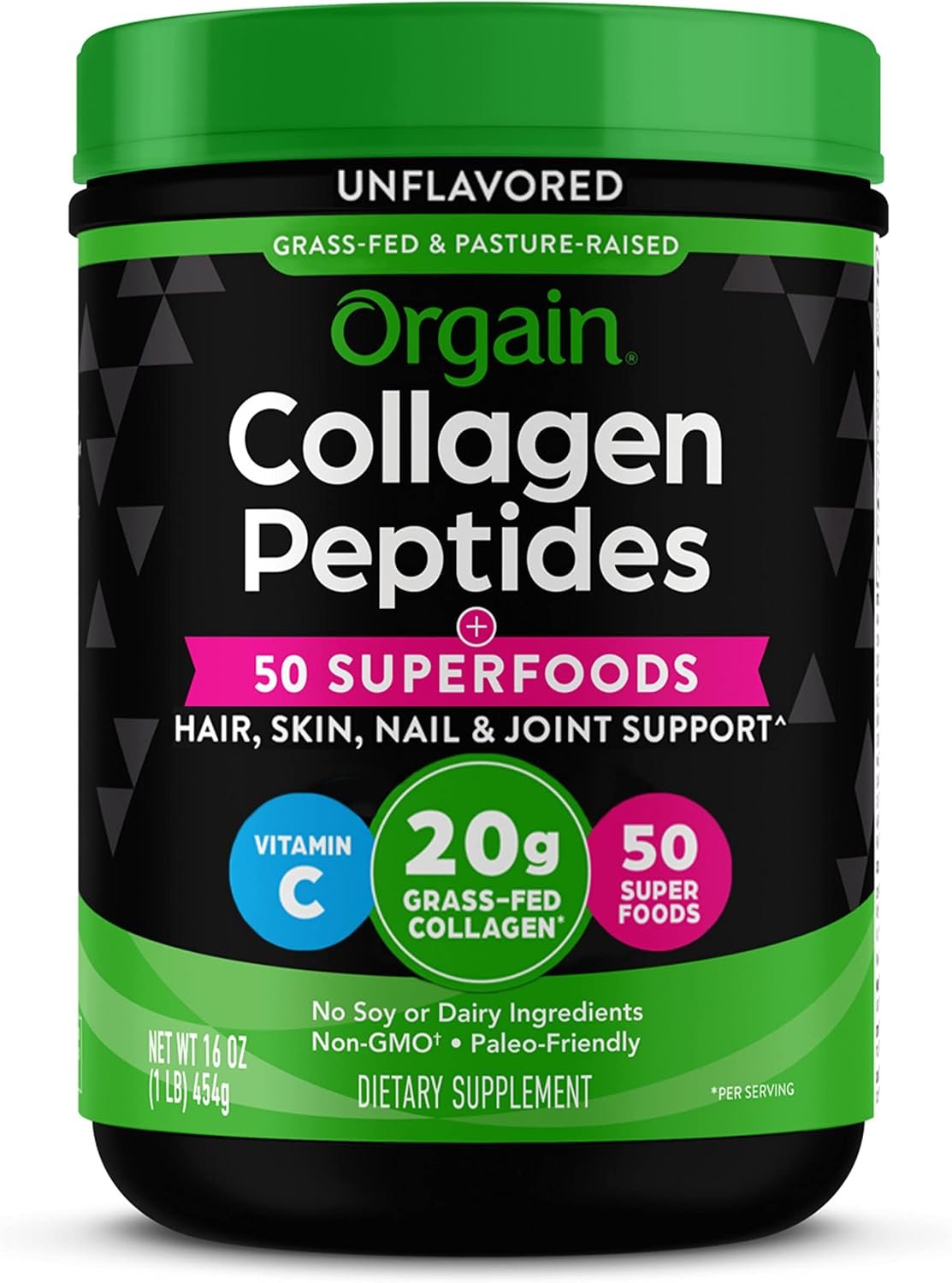 Orgain 20g Hydrolyzed Collagen Peptides + 50 Organic Superfoods Powder, 1lb | Grass fed collagen type I & III with organic superfoods for women & men with vitamin C, for hair, skin, nail, & joint support