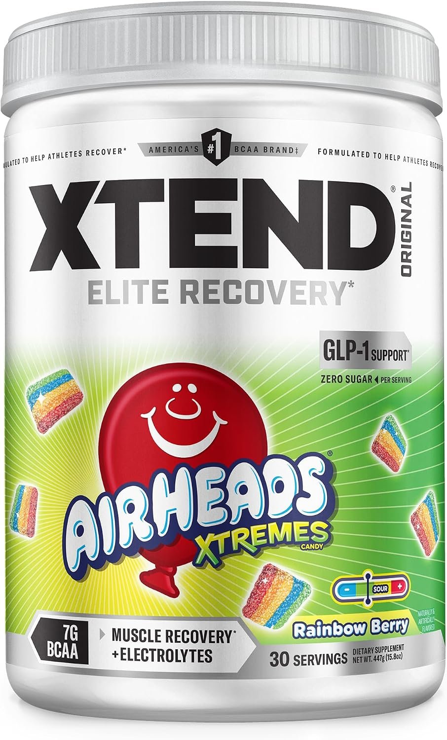 Xtend Original BCAA Powder, 7g BCAAs and 2.5g L-Glutamine for Muscle Recovery, Hydration, and Lean Muscle, Sugar Free Intra and Post Workout Drink, Airheads Xtreme Rainbow Berry, 30 Servings