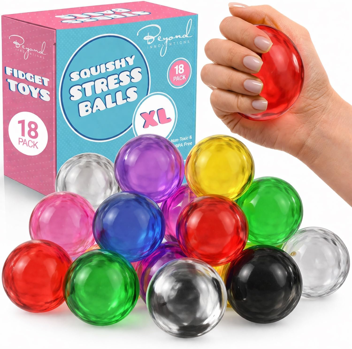 Stress Balls 18 Pack | Fidget Toys for Anxiety Relief Squeeze Balls | XL Squishy Balls in Assorted Colors, Calming Fidget Toys for Autism and ADHD, Office Supplies for Stress Relief
