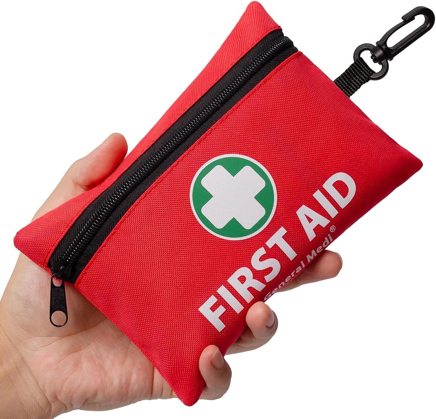 General Medi Mini First Aid Kit, 150 Piece Small First Aid Kit – Includes Emergency Foil Blanket, Scissors for Travel, Home, Office, Vehicle, Camping, Workplace & Outdoor (Red)