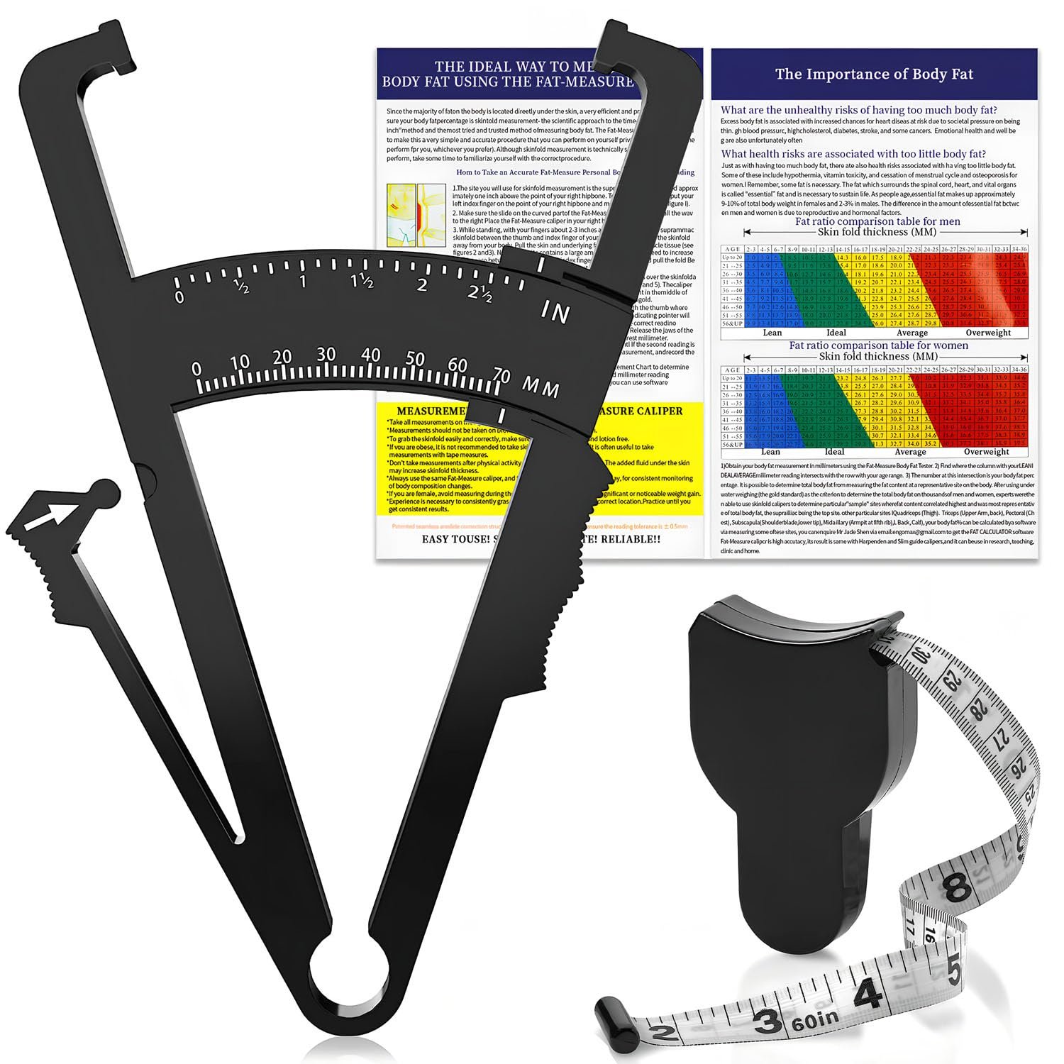 Body Fat Caliper and Body Measure Tape 60inch for Accurately Measuring BMI Skin Fold Fitness and Weight-Loss(Black)