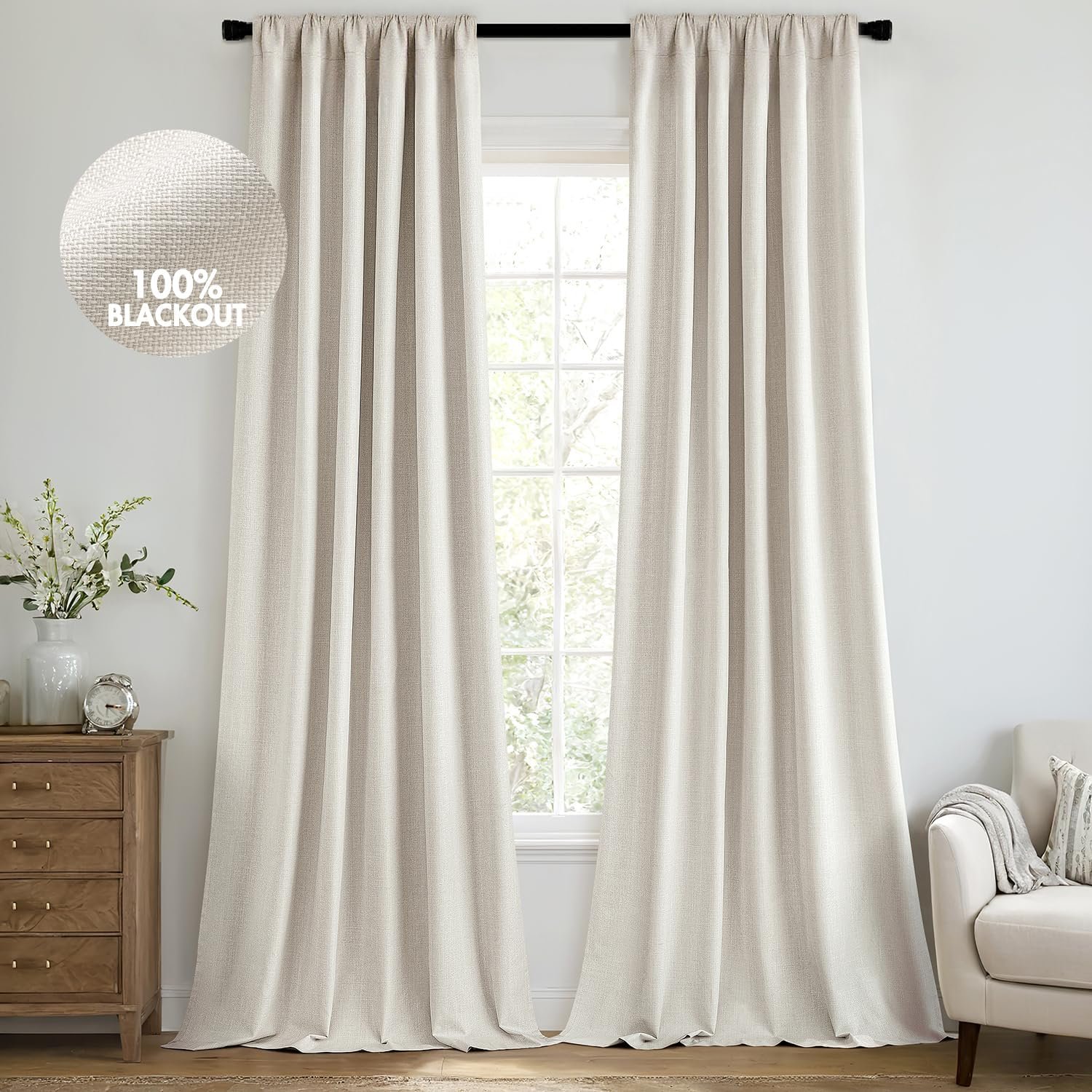 MIULEE 100% Blackout Back Tab Pleat Linen Curtains 50″ Wx96 L,Birch | 2 Panels,Thick Faux Linen,Floor to Ceiling,With Hooks,for Bedroom Living Room,Black Out,Room Darkening