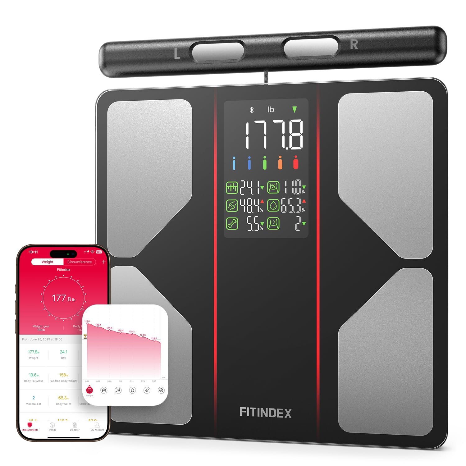 FITINDEX Smart Body Composition Scale with Handle, 8-Electrode, 50+ Metrics | Smart Scale for Body Weight, Digital Scale with BMI, Fat, Muscle Mass, Segmental Muscle Analysis, FSA Eligible HSA