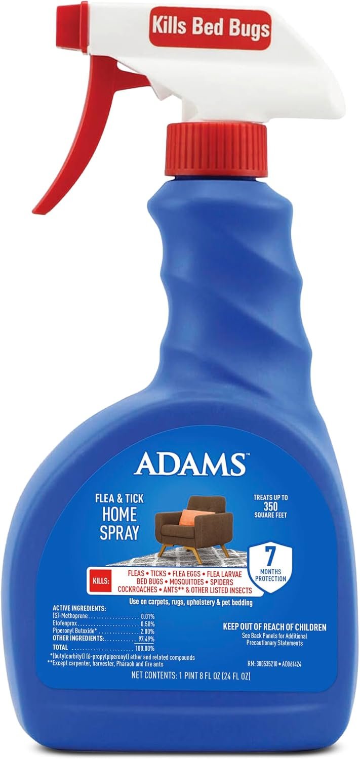 ADAMS Flea & Tick Home Spray for Indoor House Treatment, Tick and Flea Spray for Home, Carpet, Furniture & Pet Bedding, Controls Bed Bugs, Cockroaches, Spiders & Mosquitoes, 24 oz