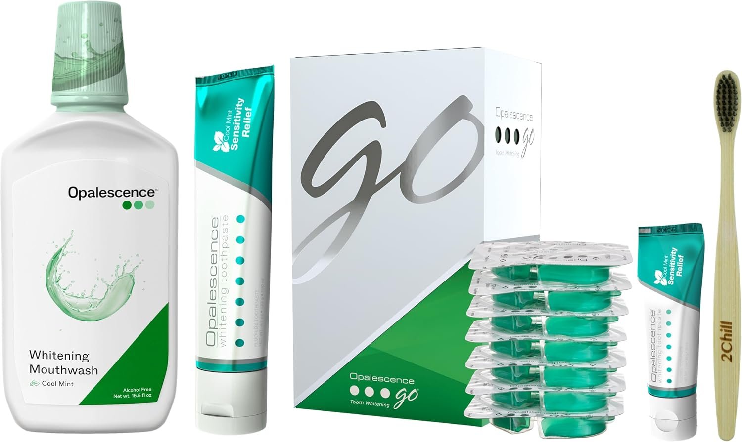 Opalescence Go Teeth Whitening Trays – Complete Bundle – 5167-5447-6288T | Includes: 4.7oz and Travel 1oz Sensitive Toothpastes, 7 Whitening Treatments Trays & Whitening Mouthwash By Ultradent USA