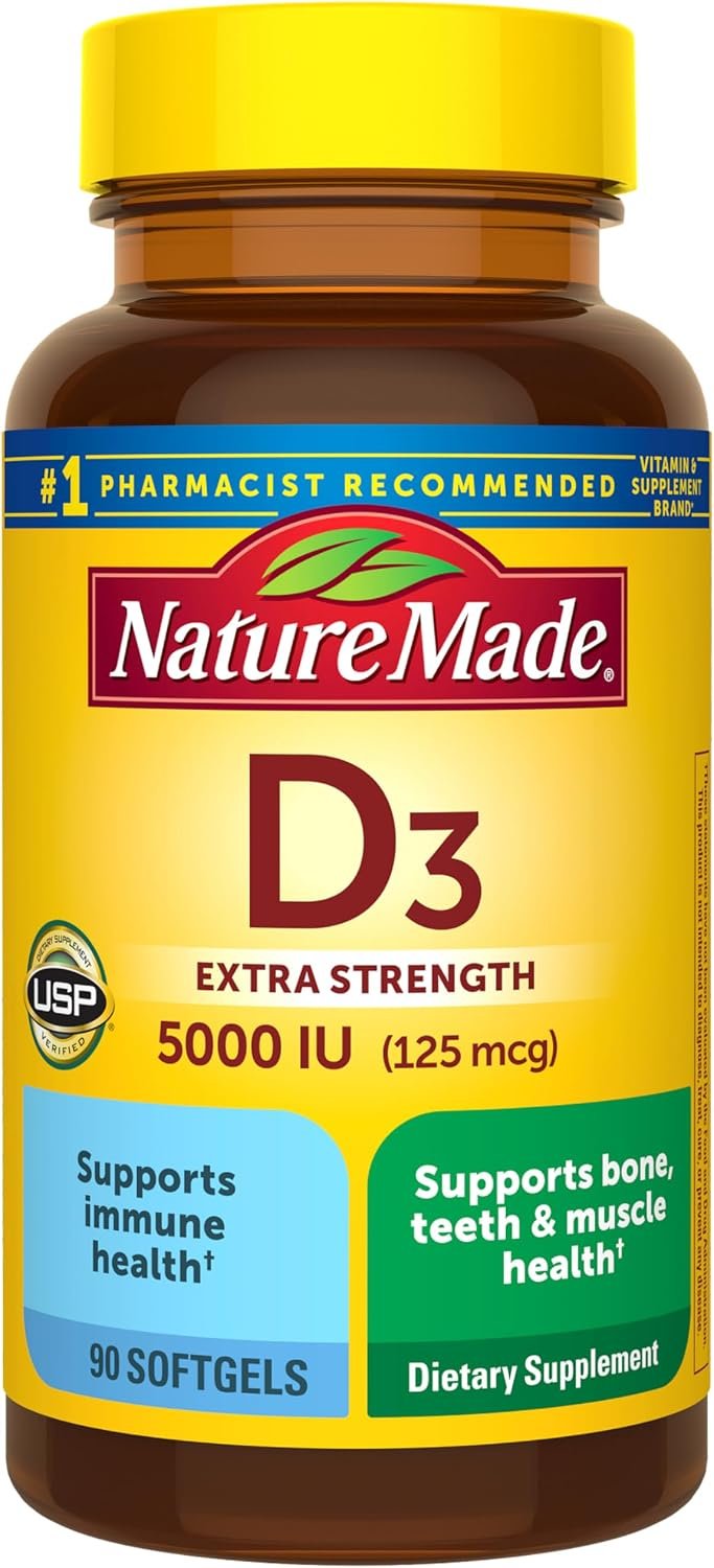 Nature Made Vitamin D3 5000 IU (125 mcg), 90 Vitamin D Softgels | Extra Strength Vitamin D Supplement for Immune, Bone, Teeth and Muscle Health Support, 90 Day Supply