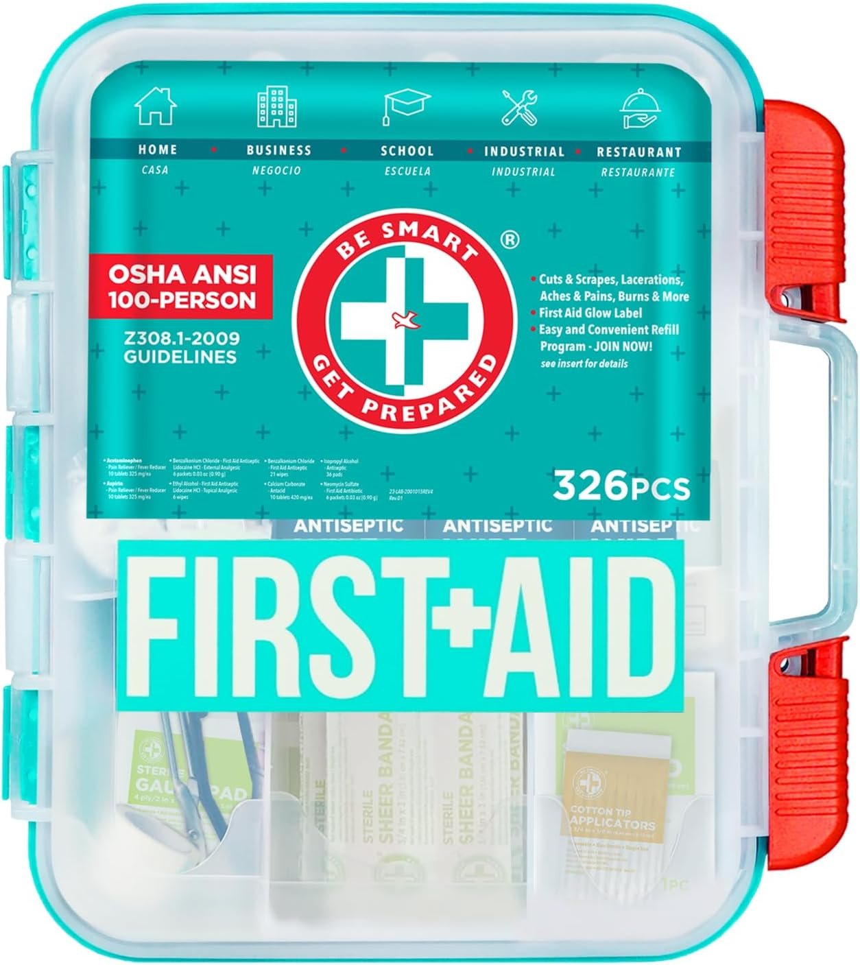 Be Smart Get Prepared First Aid Kit, Teal, 326 Piece, Exceeds OSHA and ANSI Guidelines 100 People – Office, Home, Car, School, Emergency, Survival, Camping, Hunting and Sports