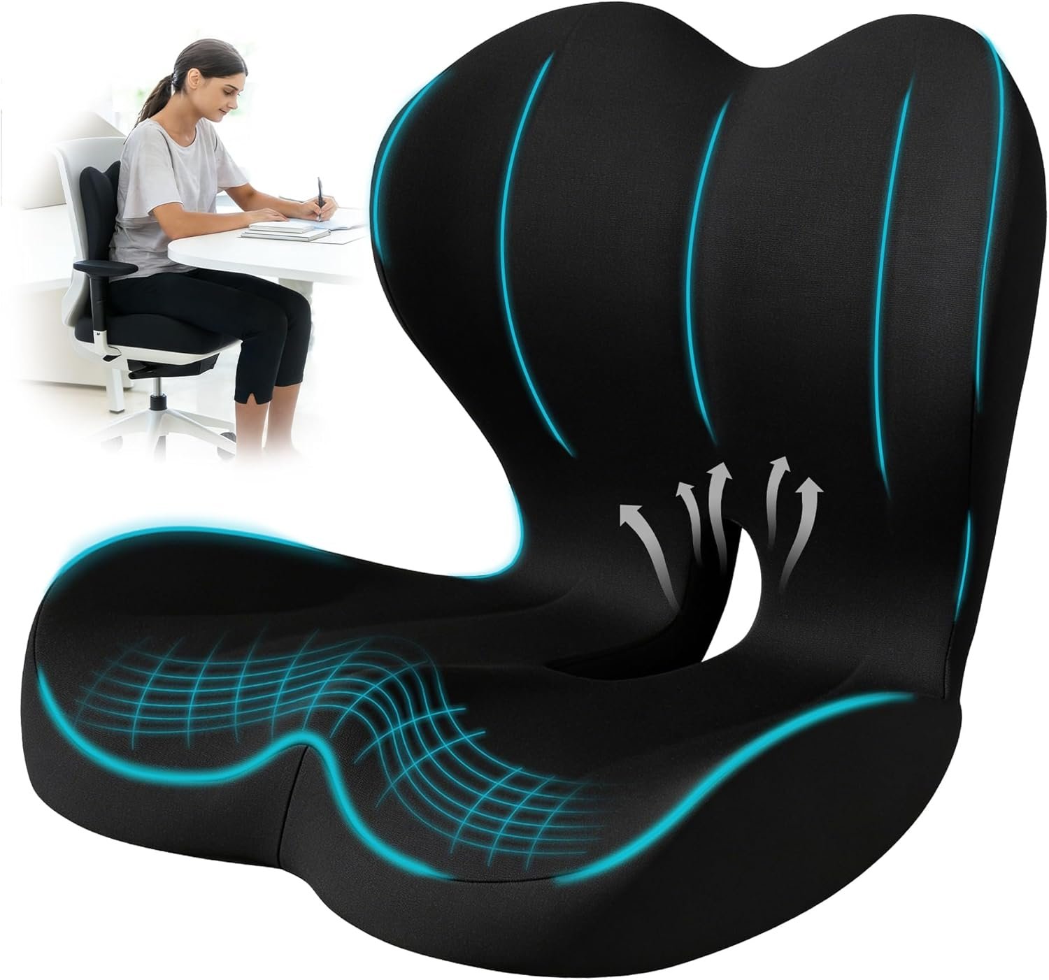 Seat Cushion for Office Chair & Car with Lumbar Support Pillow, Black | Ergonomic Seat Cushion for Sciatica & Tailbone Pain Relief, Ideal for Car Driving Truck Office Chairs Wheelchairs Home Use