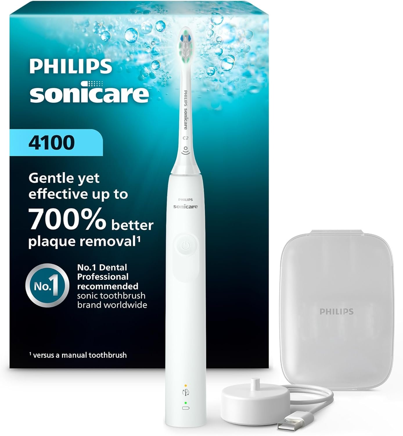 Philips Sonicare 4100 Rechargeable Electric Toothbrush, 1 Brush Head, White | 700% More Plaque Removal¹, Pressure Sensor, 2 Brush Settings, 14-Day Battery, Includes Brush Head Case, BD5002AZ