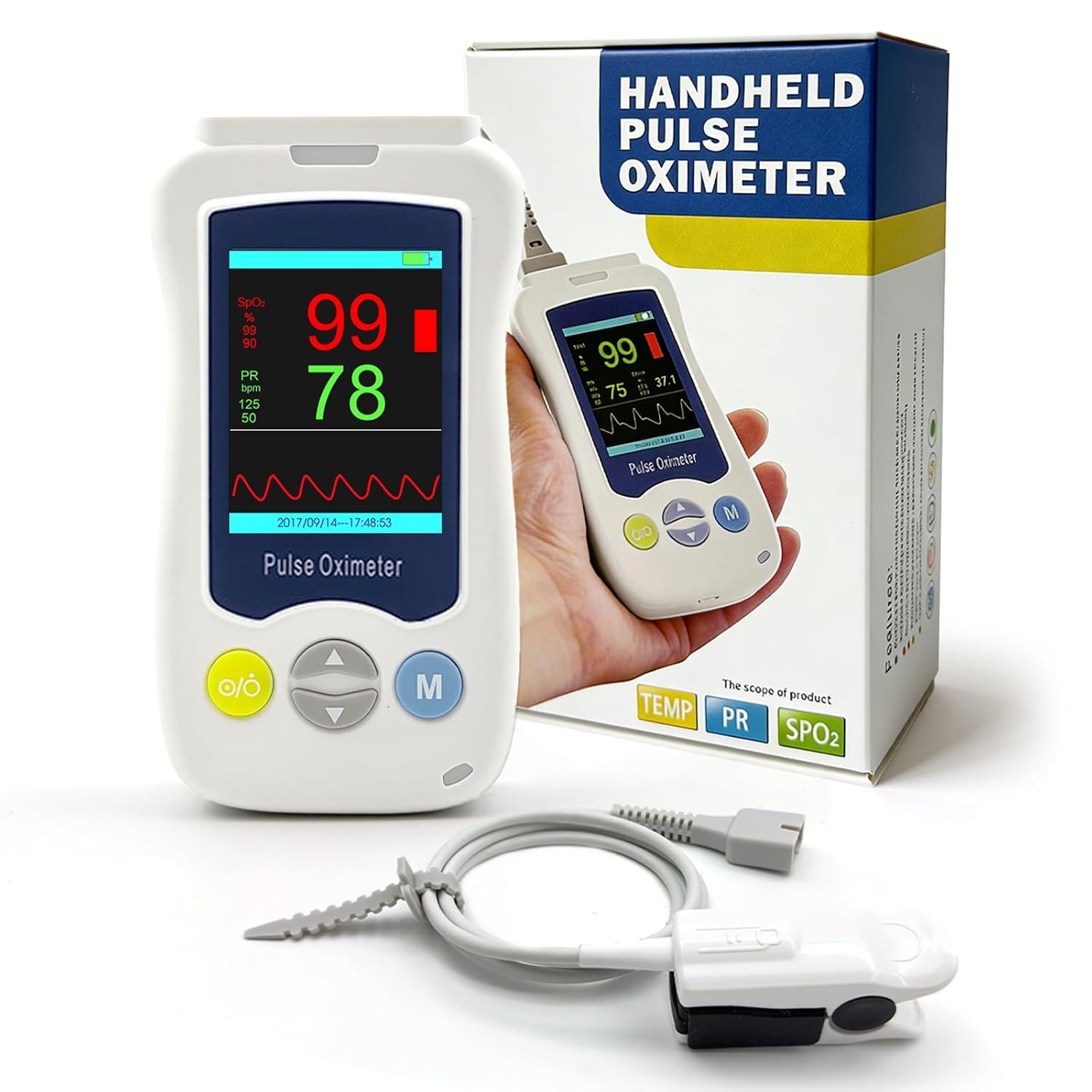 Pulse Oximeter, Continuous Pulse Oximeters Medical Grade Accuracy SpO2 Overnight Pulse Rate Monitoring 20 Hours Pulse Oximeter Handheld Blood Oxygen Saturation Monitor with 500 Data Storage
