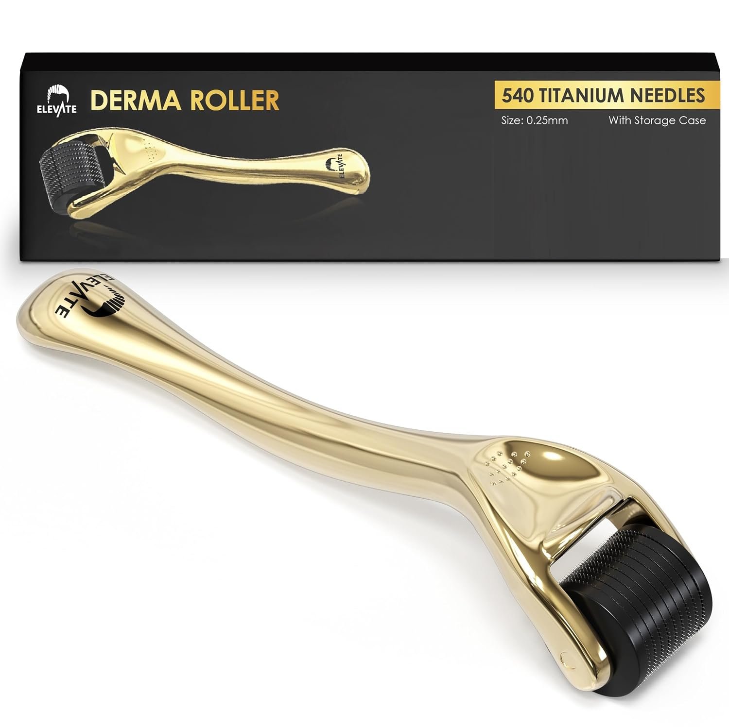 Elevate Derma Roller 0.25mm with 540 Titanium Microneedle Roller for Women & Men – Gold Roller for Face Skin Hair & Beard – Includes Storage Case