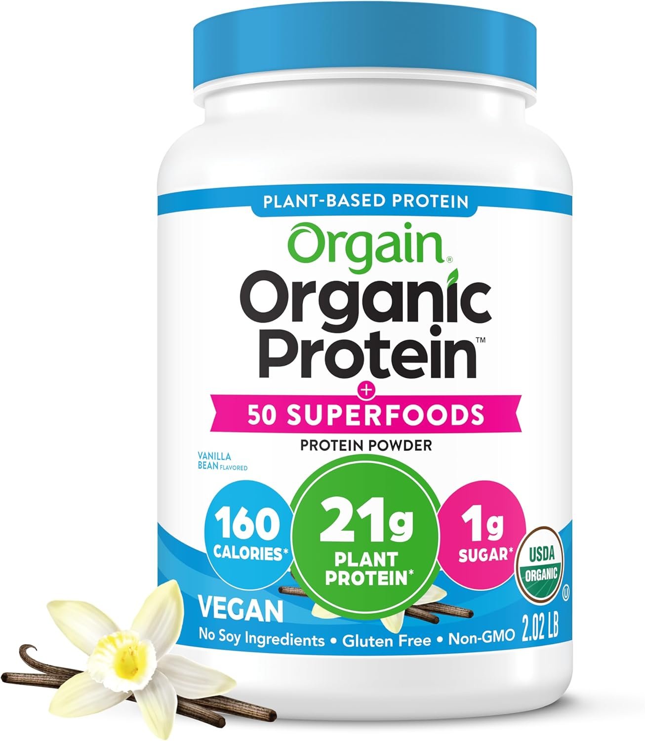 Orgain Organic Vegan 21g Protein + Superfoods Powder, Vanilla Bean, 2.02lb