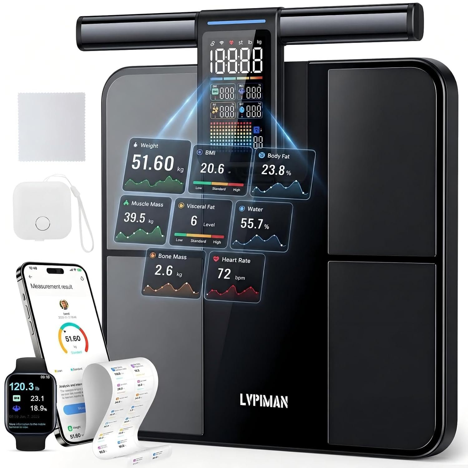 8-Electrode Body Scale with BMI, Body Fat, Muscle Mass & 57 Metrics 485 lbs | Smart Scale for Body Weight, Body Composition Scale with Handle Clear Larger Display, APP, Gym, Bathroom, Home